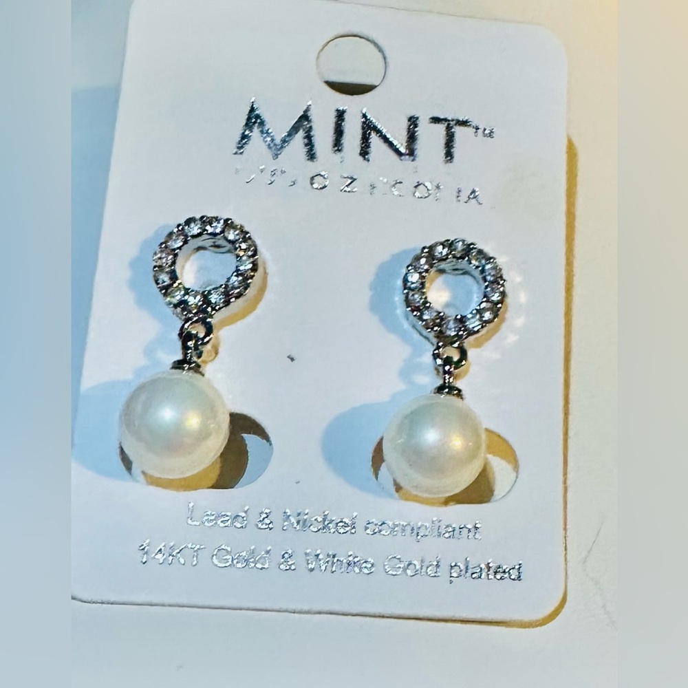 Elegant 14KT White Gold Plated with Cubic Zirconia and Faux White Pearl Earrings